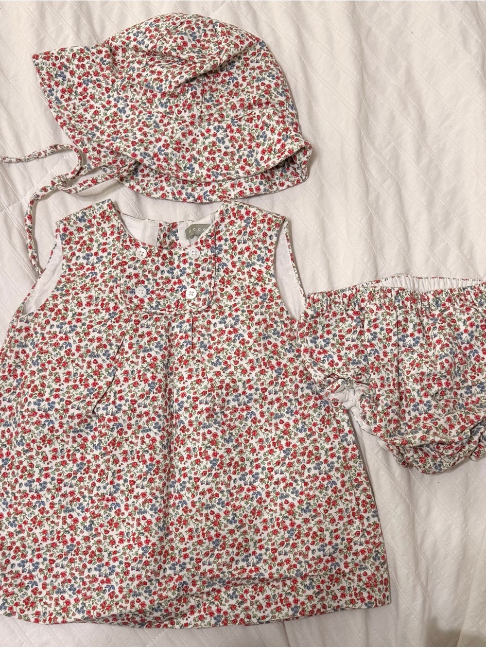 Floral Cotton Baby Dress, Hat & Bloomers Set - Red & Blue Ditsy Floral